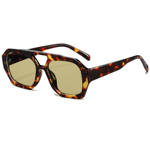 Breaksun Retro Aviator Sunglasses for Women Men Trendy 70s Hexagonal Square Double Bridge Vintage Sun Glasses (Tortoise/Yellow green) | Amazon (US)