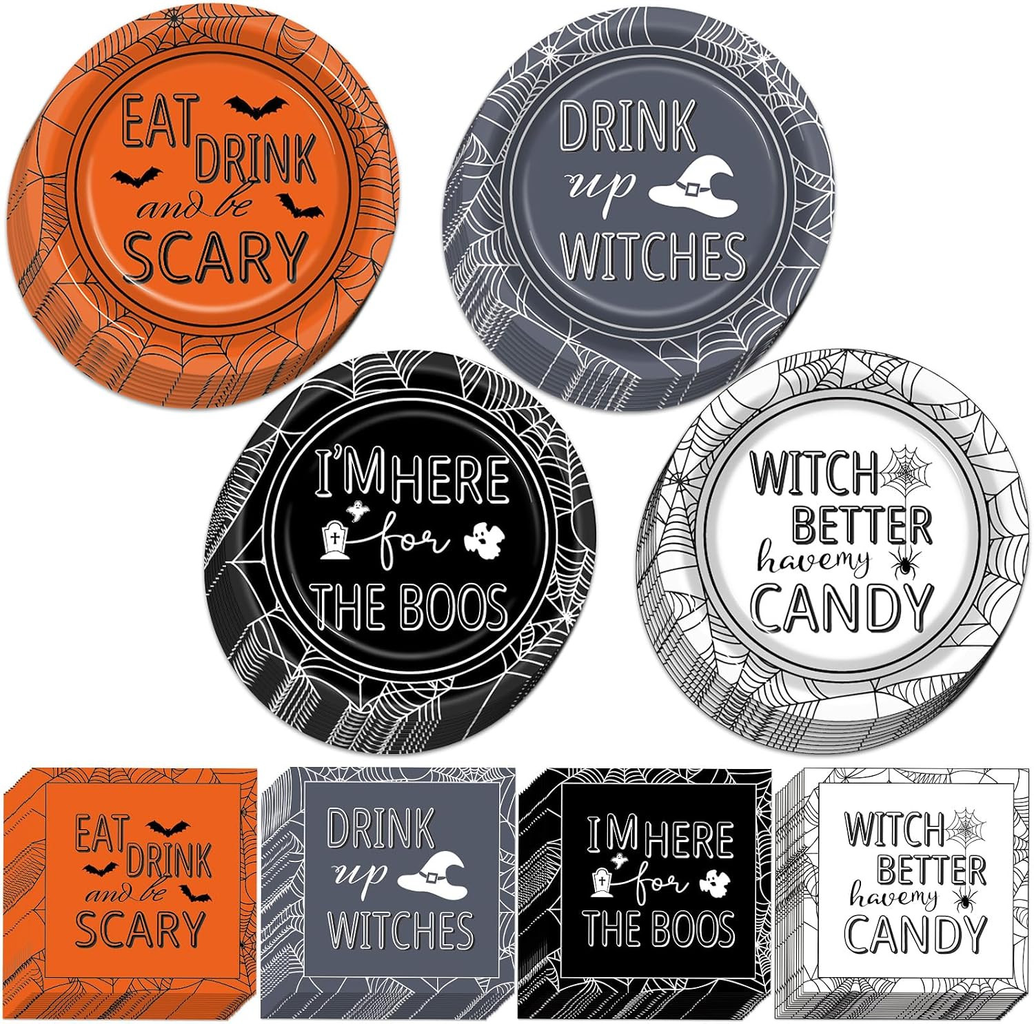 96 Pcs Halloween Party Decorations Halloween Paper Plates and Napkins Halloween Party Supplies Drink up Witches Hat Little Scary Spiderweb Boo Tableware Set for Halloween Disposable Decorations | Amazon (US)