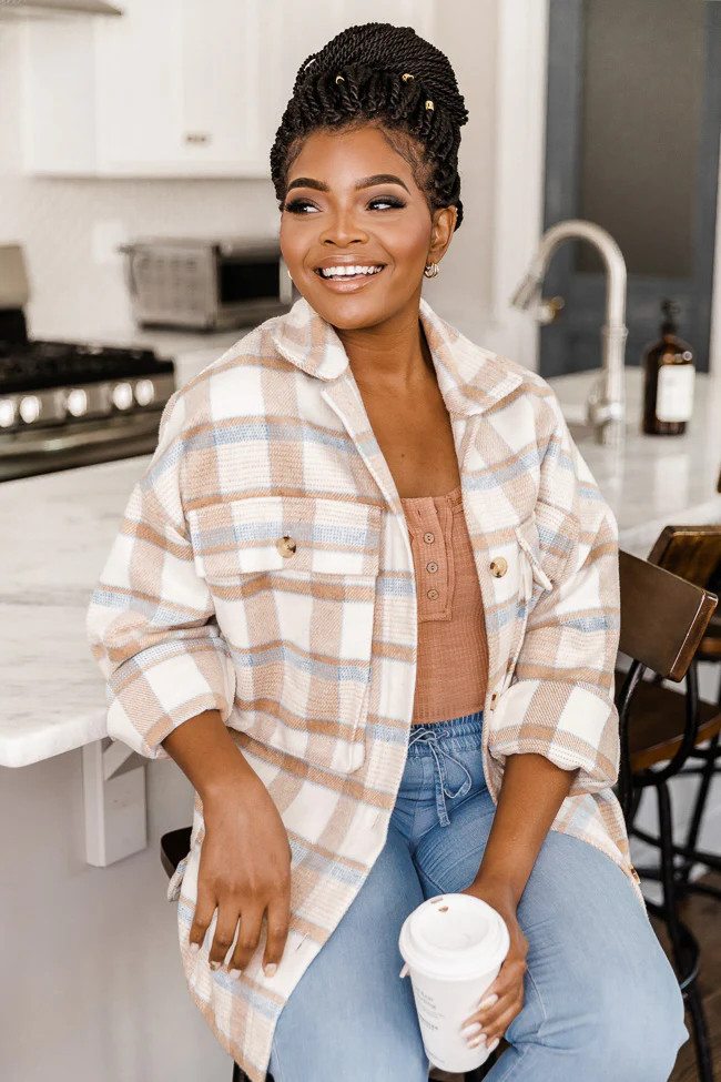 Meet You Outside Tan/Blue Plaid Shacket | The Pink Lily Boutique
