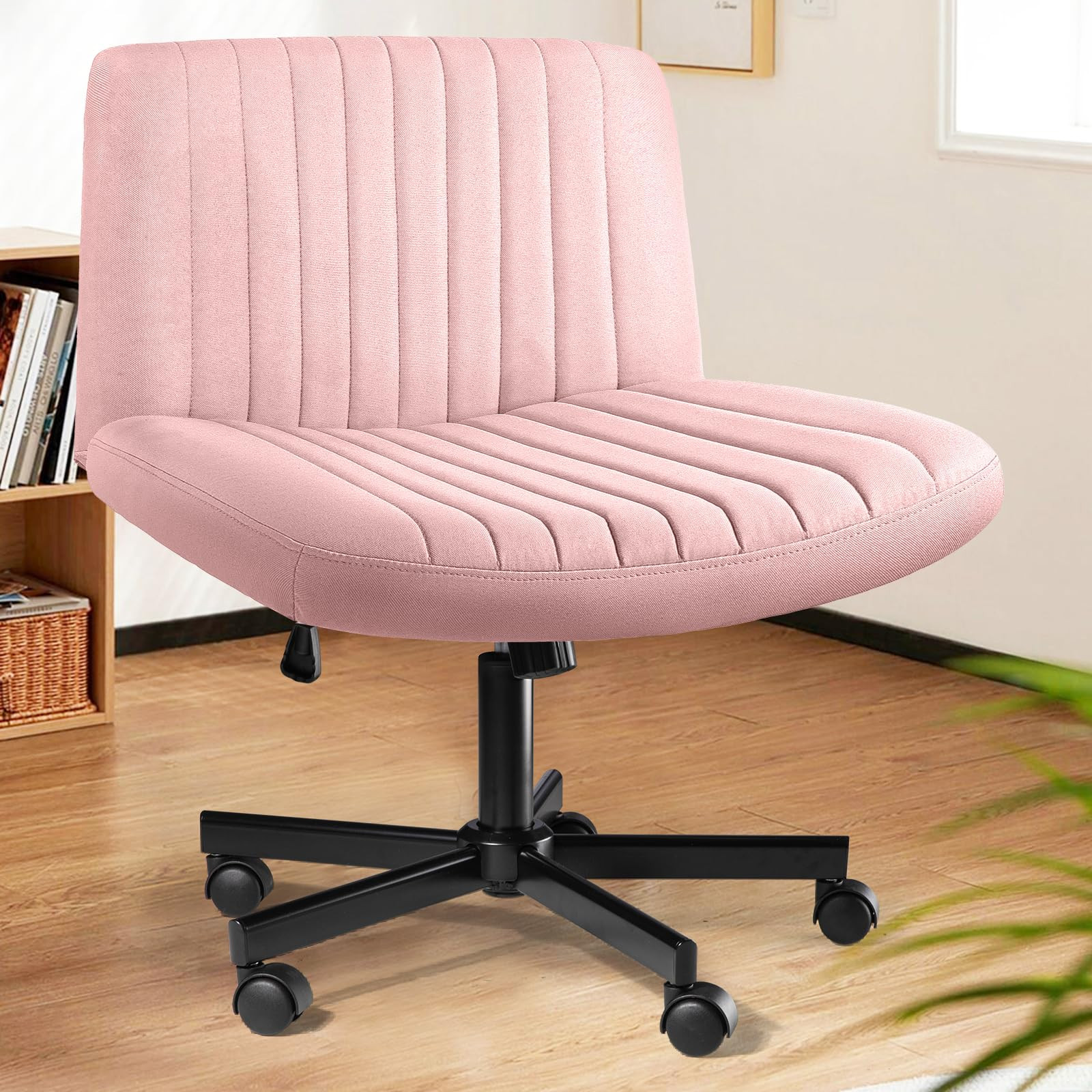 LEMBERI Criss Corss Chair with Wheels,Fabric Padded Armless Wide Office Desk Chairs,120° Rocking Swivel Mid Back Computer Task Vanity Chair for Home Office, Small Space | Amazon (US)