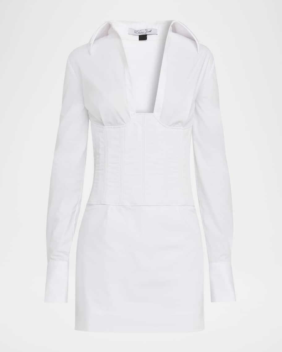 Double-Collar Corset Long-Sleeve Mini Shirtdress | Neiman Marcus
