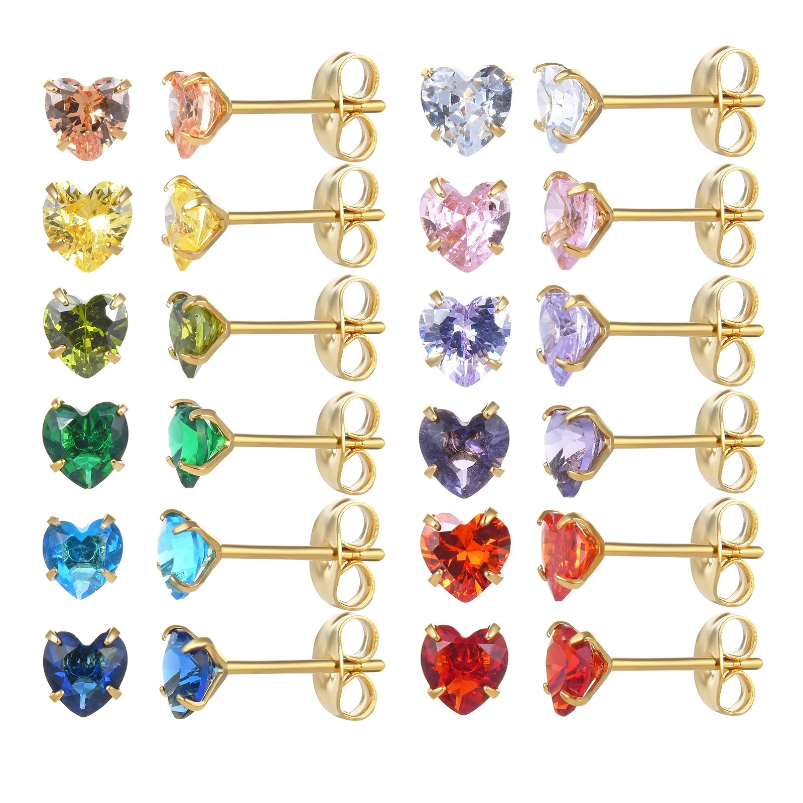 12 Pairs 18K Gold Plated Surgical Stainless Steel Stud Earring, Heart Cubic Zirconia Birthstone S... | Walmart (US)