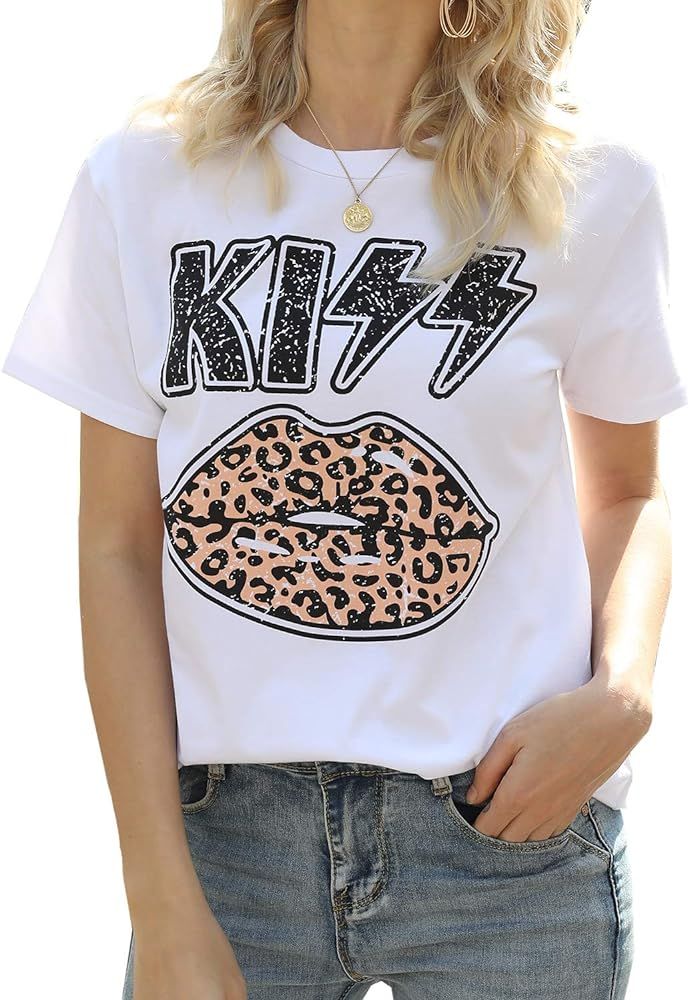ZILIN Women Short Sleeve Red Lips Leopard Distressed Print Tongue T-Shirt Cute Graphic Tee Tops | Amazon (US)