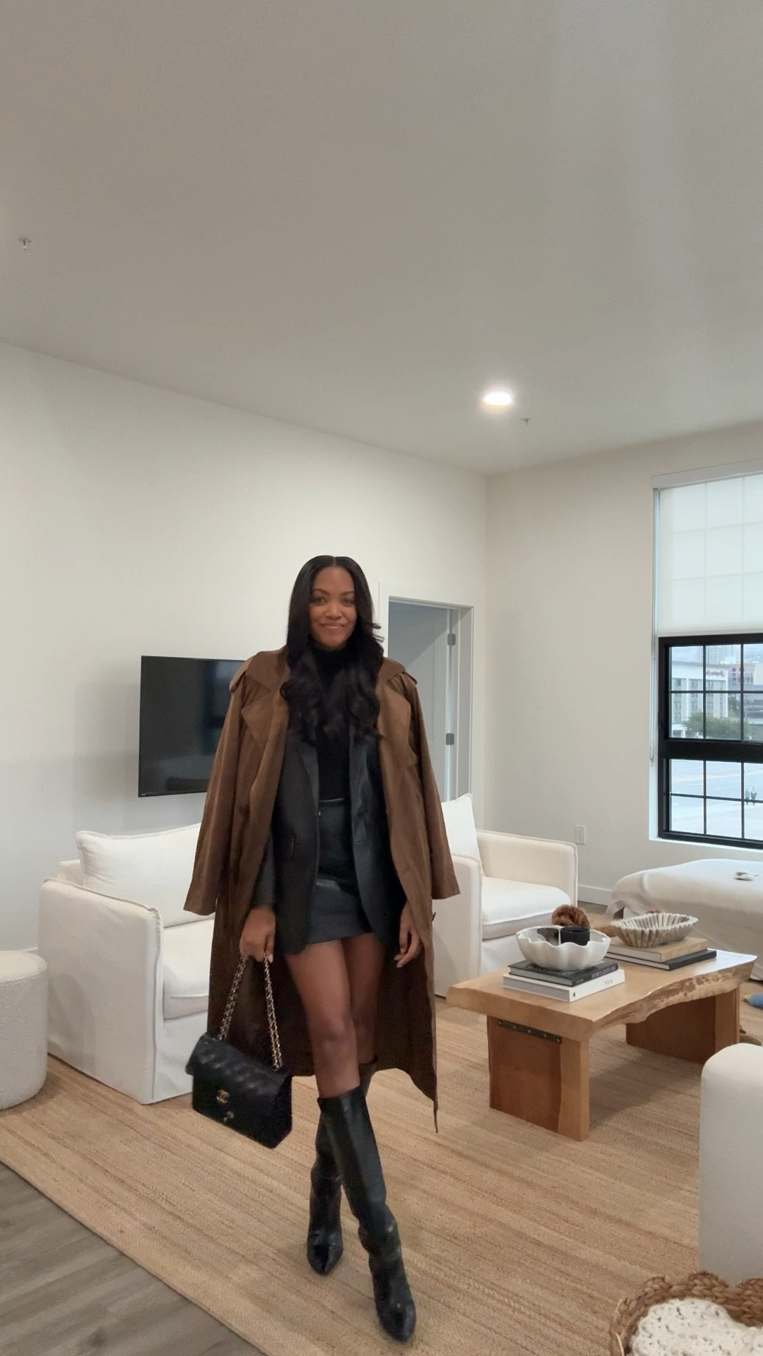 Fall Date Night Outfit | minimal outfit, fall style, black skirt outfit, leather skirt, leather blazer outfit, suede trench outfit, knee high boots, all black outfit, ootd, dressy neutral outfit 

#LTKStyleTip #LTKShoeCrush