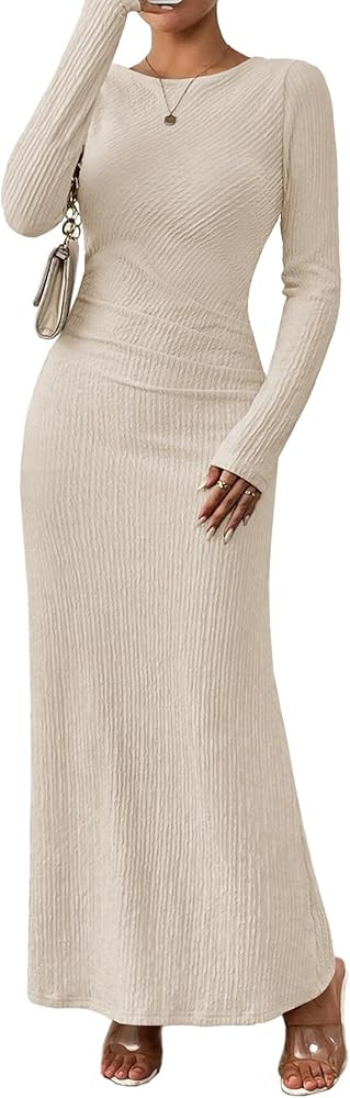 MITILLY Fall Dress for Women 2024 Long Sleeve Maxi Dress Formal Crew Neck Bodycon Ruched Textured... | Amazon (US)