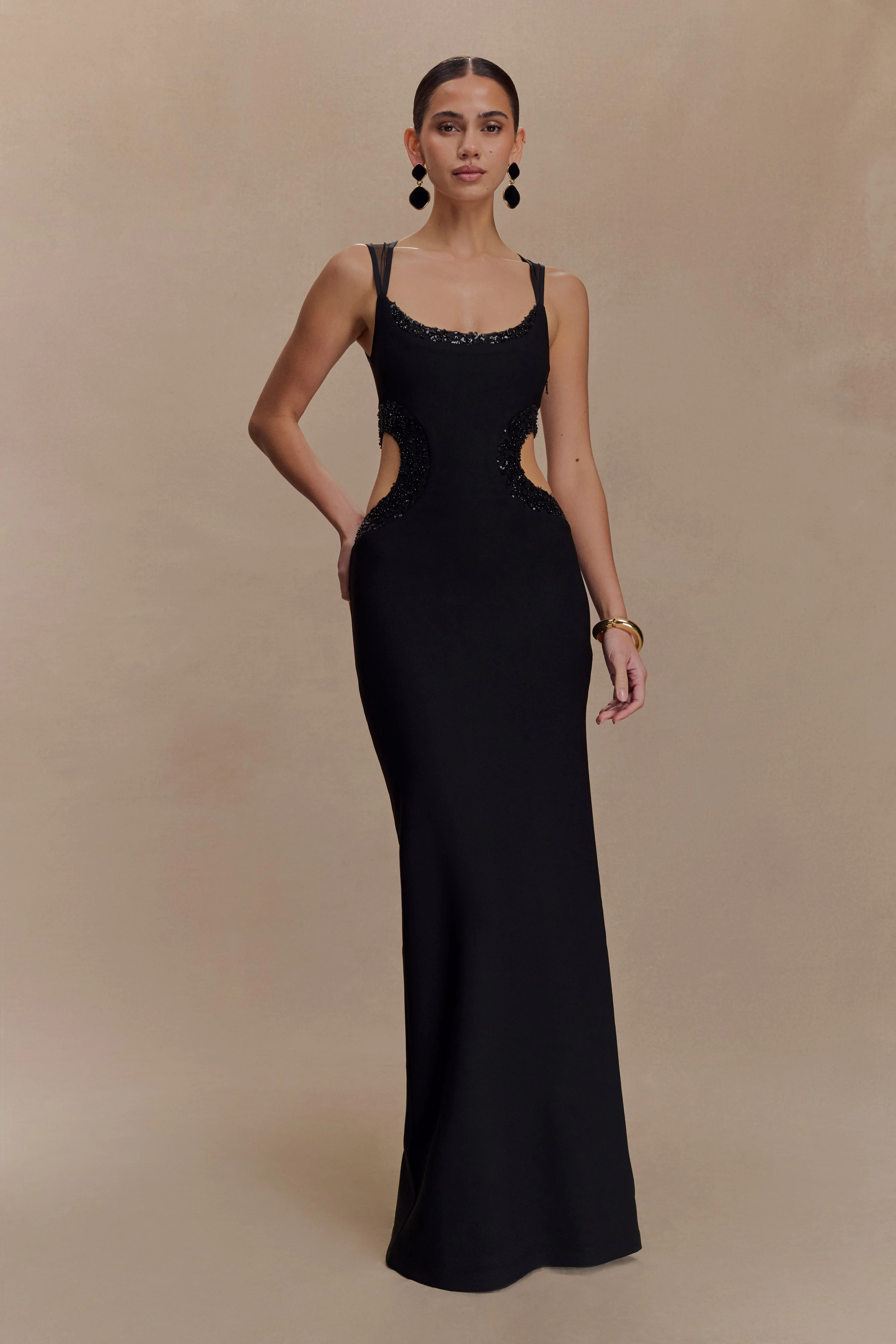 Angelique Beaded Crepe Maxi Dress - Black | MESHKI US