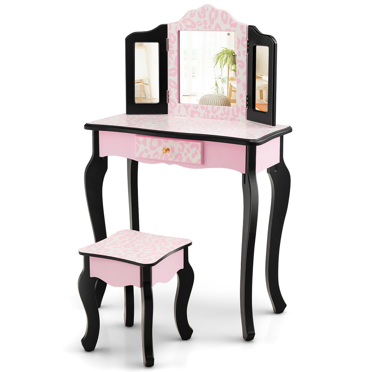 Costway Kid Vanity Set Wooden Makeup Table Stool Tri-Folding Mirror Leopard Print Pink | Target