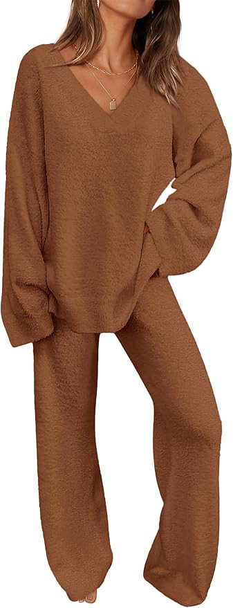 PRETTYGARDEN Women's 2 Piece Pullover Sweater Set Oversized V Neck Top Wide Leg Pants Fall Winter... | Amazon (US)