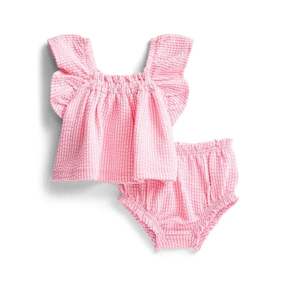 Wonder Nation Baby Girls Seersucker Romper & Bloomers with Flutter-Sleeve, 2-Piece Set, Sizes 0... | Walmart (US)