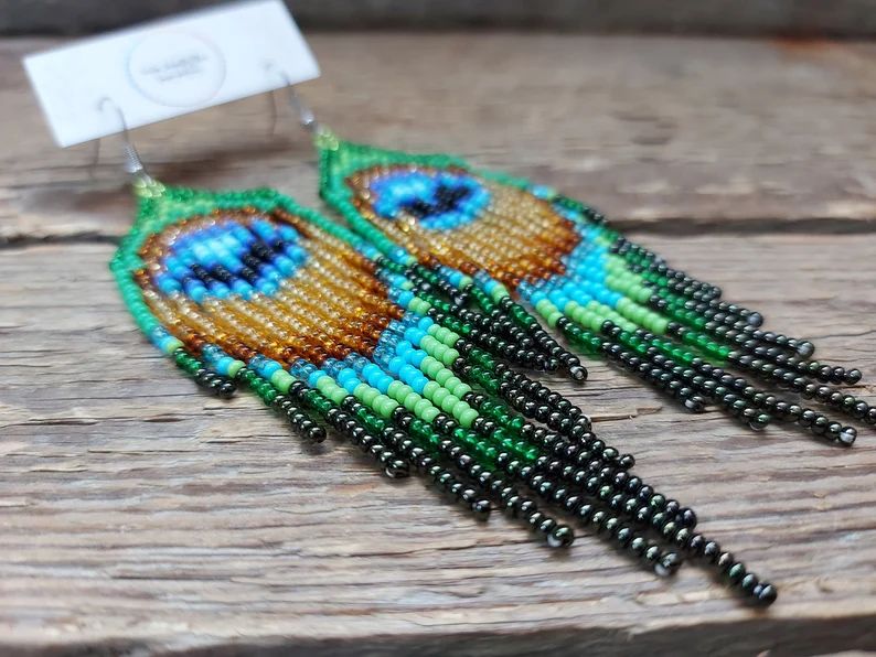 Peacock Feather Earrings, Seed Bead Earrings, Bohemian Earrings, Bead Fringe Earrings, Green Bead... | Etsy (US)
