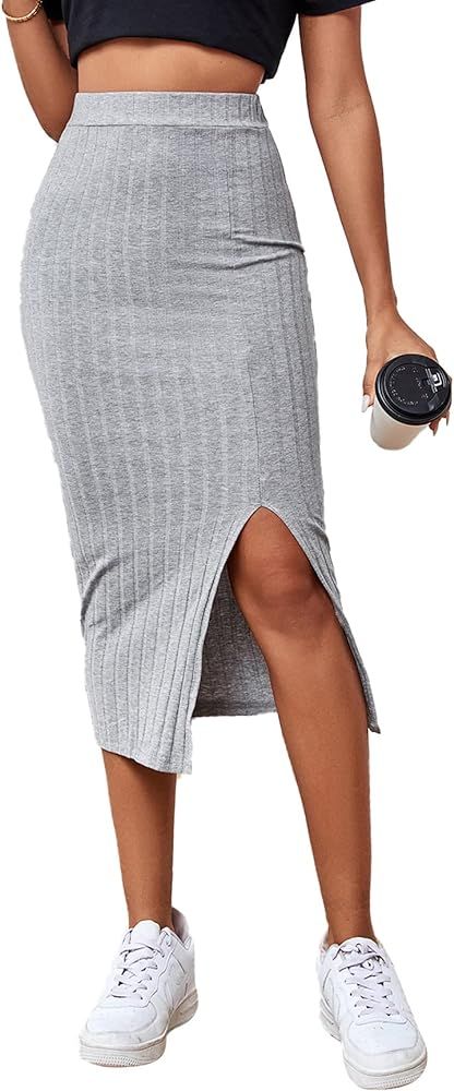 LYANER Women's High Waist Stretchy Rib Knit Split Slit Hem Midi Pencil Skirt | Amazon (US)