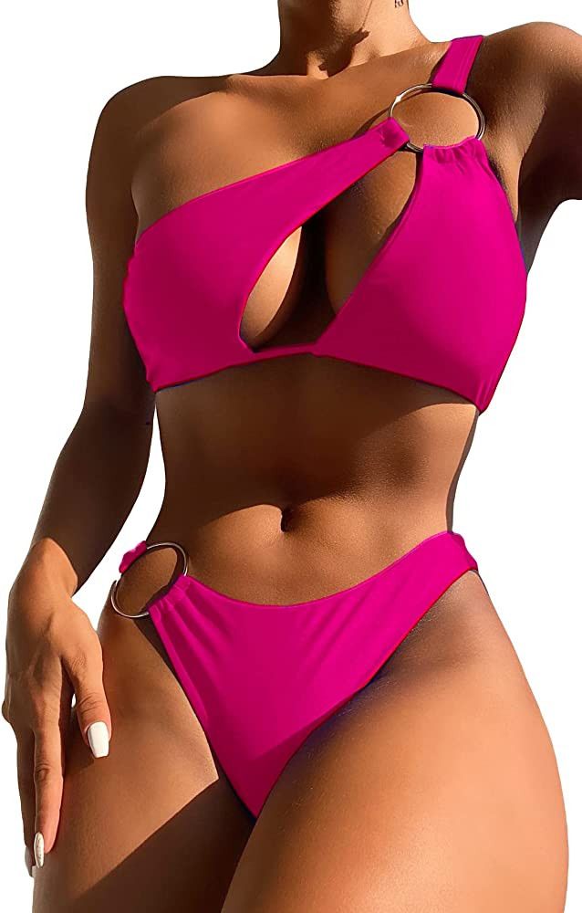 Milumia Women's 2 Piece One Shoulder Bikini Set Cut Out Ring Linked Swimsuit Swimwear | Amazon (US)