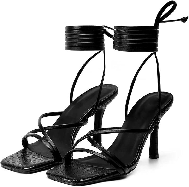 Women's Lace Up High Heels Square Toe Knee High Cross Straps Stiletto Sandals Open Toe Ankle Stra... | Amazon (CA)