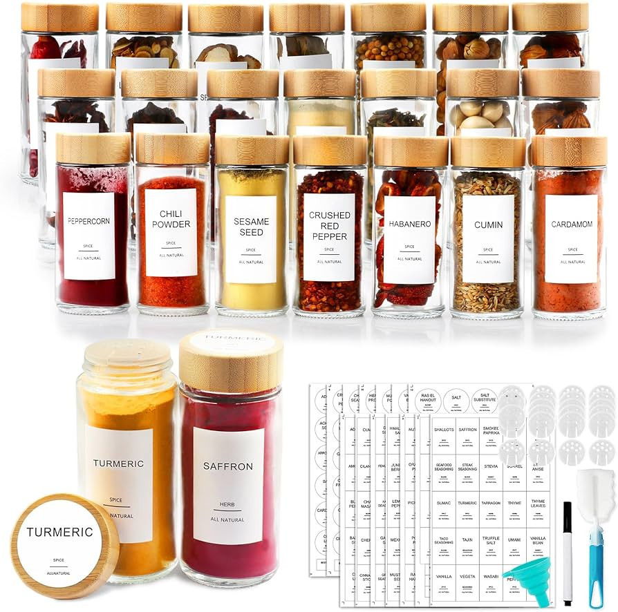 AISIPRIN Spice Jars with 398 Labels-4oz 24 Pcs,Glass Jars with Bamboo Airtight Lids,Round Condime... | Amazon (US)