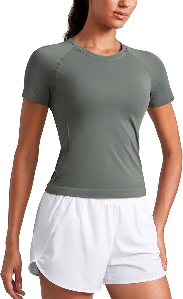 CRZ YOGA Seamless Workout Tops for Women Waist Length - Running Gym Athletic Yoga Short Sleeve Sh... | Amazon (US)