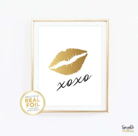 Lips xoxo Kisses Real Foil Print, Silver foil, Gold foil, 8x10, Home Decor, Wall Art, Black & White, | Etsy (US)