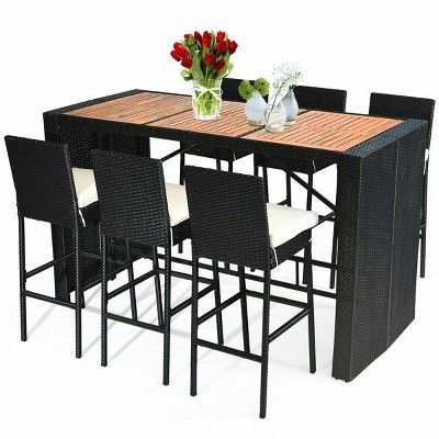 COSTWAY 7 PCS Patio Rattan Wicker Bar Dining Furniture Set wood Table Top 6 Stools | Target