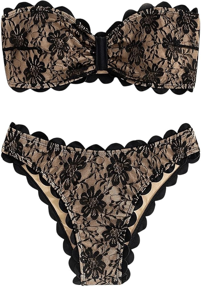 GORGLITTER Women's Floral Strapless Swimsuit Bandeau Lace High Waisted Thong Bikini Set | Amazon (US)