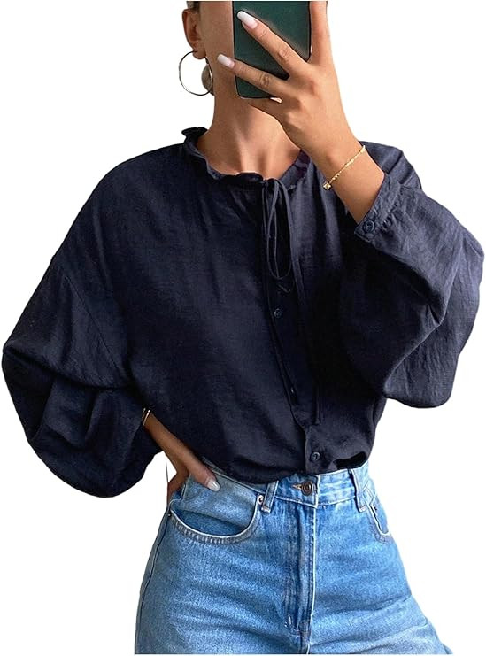 OYOANGLE Women's Lantern Long Sleeve Tie Neck Button Down Blouse Frill Trim Loose Fall Tops | Amazon (US)