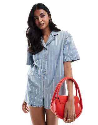 ASOS DESIGN denim boxy shirt playsuit in blue stripe | ASOS | ASOS (Global)