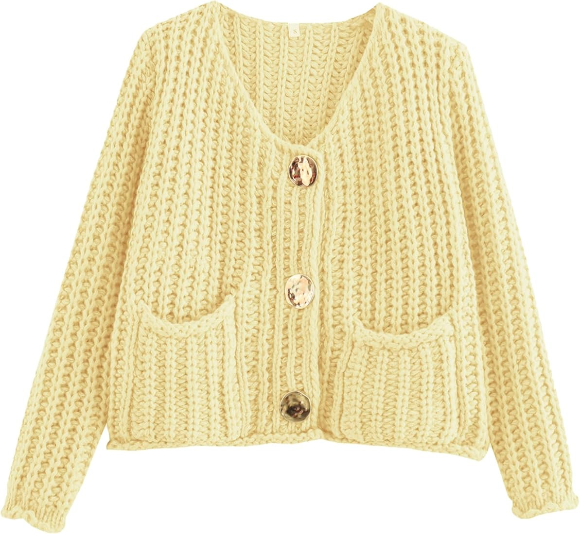 Arssm Womens Cropped Cardigan Sweaters Chunky Open Front Button Down Knit Sweater Long Sleeve Loo... | Amazon (US)