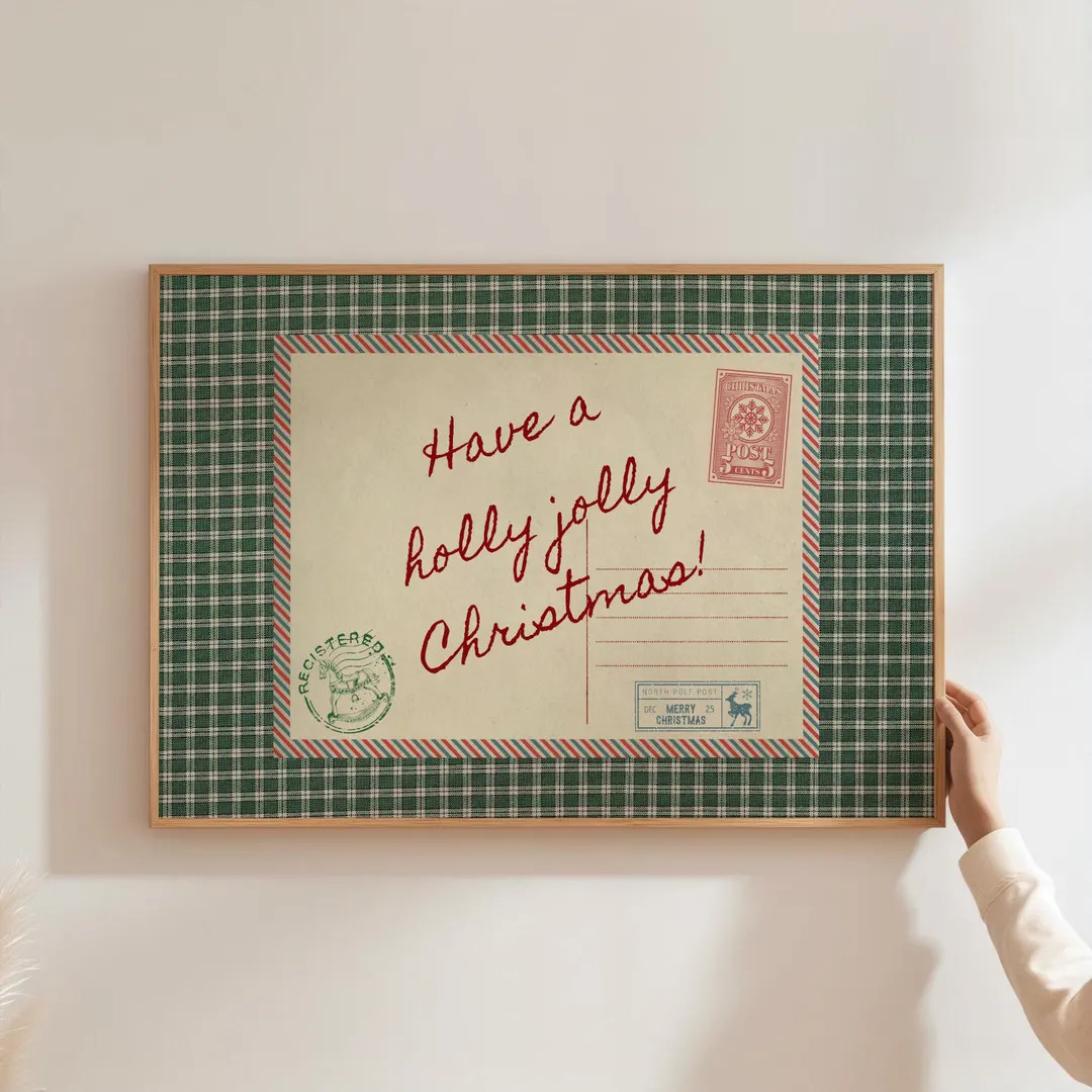 Christmas Gingham Postcard Print Vintage Christmas Wall Art Retro Holiday Postcard Wall Art Chris... | Etsy (US)