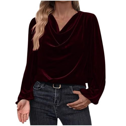 Wabkderpu Womens Velvet Tops Cowl Neck Drape Ruched Front Long Sleeve T Shirts Cocktail Evening Party Dressy Shirt Blouses Wine Red | Amazon (US)