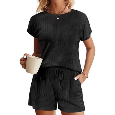 Ekouaer Pajamas Set for Women 2 Piece Pjs Ribbed Knit Lounge Set Cap Sleeve Loungewear Sleepwear Black S | Target