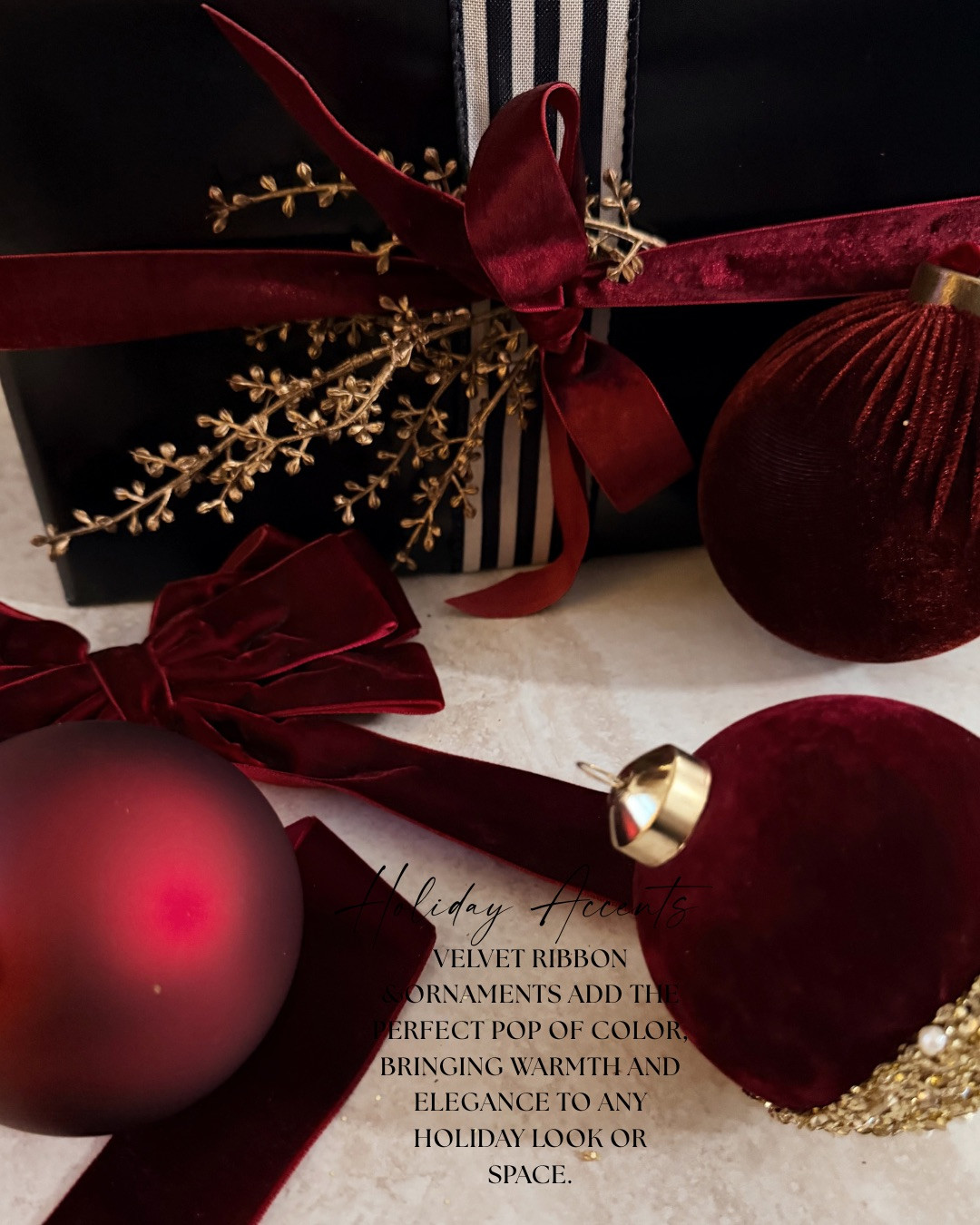 ✨VELVET HOLIDAY LUXE · DEEP RED ACCENTS✨ Rich burgundy velvet ribbon and ornaments bring warmth, depth, and a touch of high-end elegance to any holiday moment. The mix of matte, velvet, and gold textures creates that signature elevated, timeless Hillary Style look.

#TheHillaryStyle #LuxuryHomeDecor #HolidayDecor #ModernChristmas #VelvetRibbon #BurgundyOrnaments #ElegantGiftWrap #NeutralHoliday #DesignerLookForLess #ChristmasInspo #ElevatedSeasonalStyle #TimelessDesign #HolidayAesthetic #AmazonFinds 

 #LTKSeasonal #LTKOver40 #LTKStyleTip