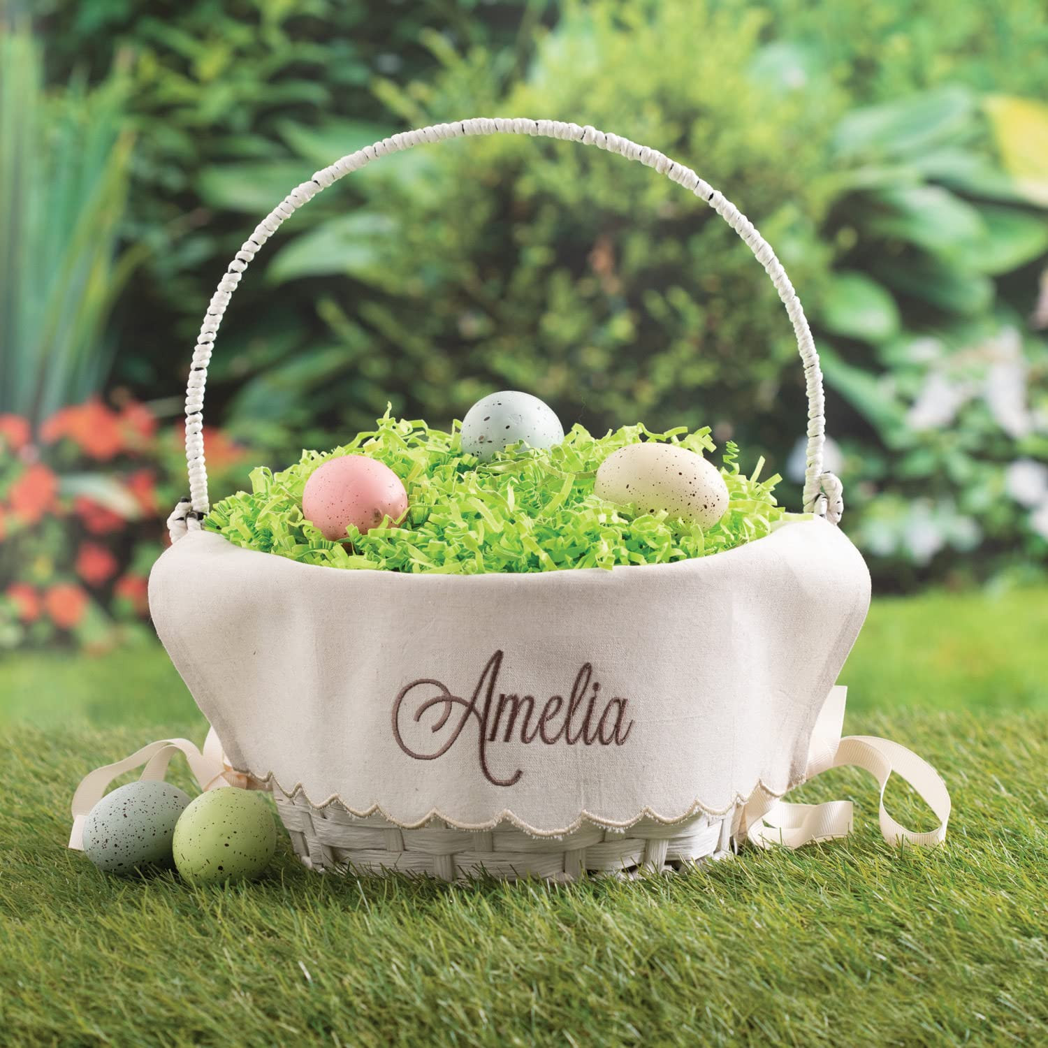 Personalized Easter Egg Basket with Handle and Custom Name in Brown Script | Scallop Edge Linen E... | Amazon (US)