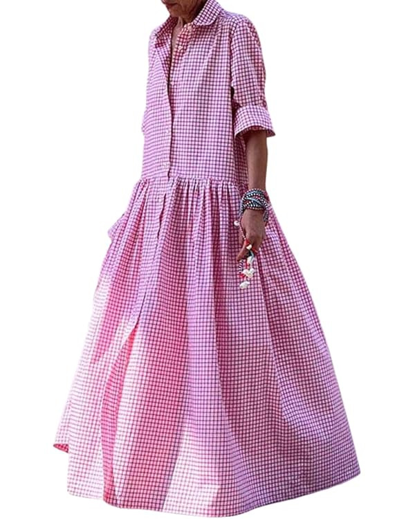 chouyatou Women's Retro Plaid Button Down Maxi Shirt Dress Long Sleeve Button Up Gingham Swing Lo... | Amazon (US)