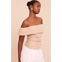 Beige Woven Bardot Ruched Side Long Top | PrettyLittleThing US