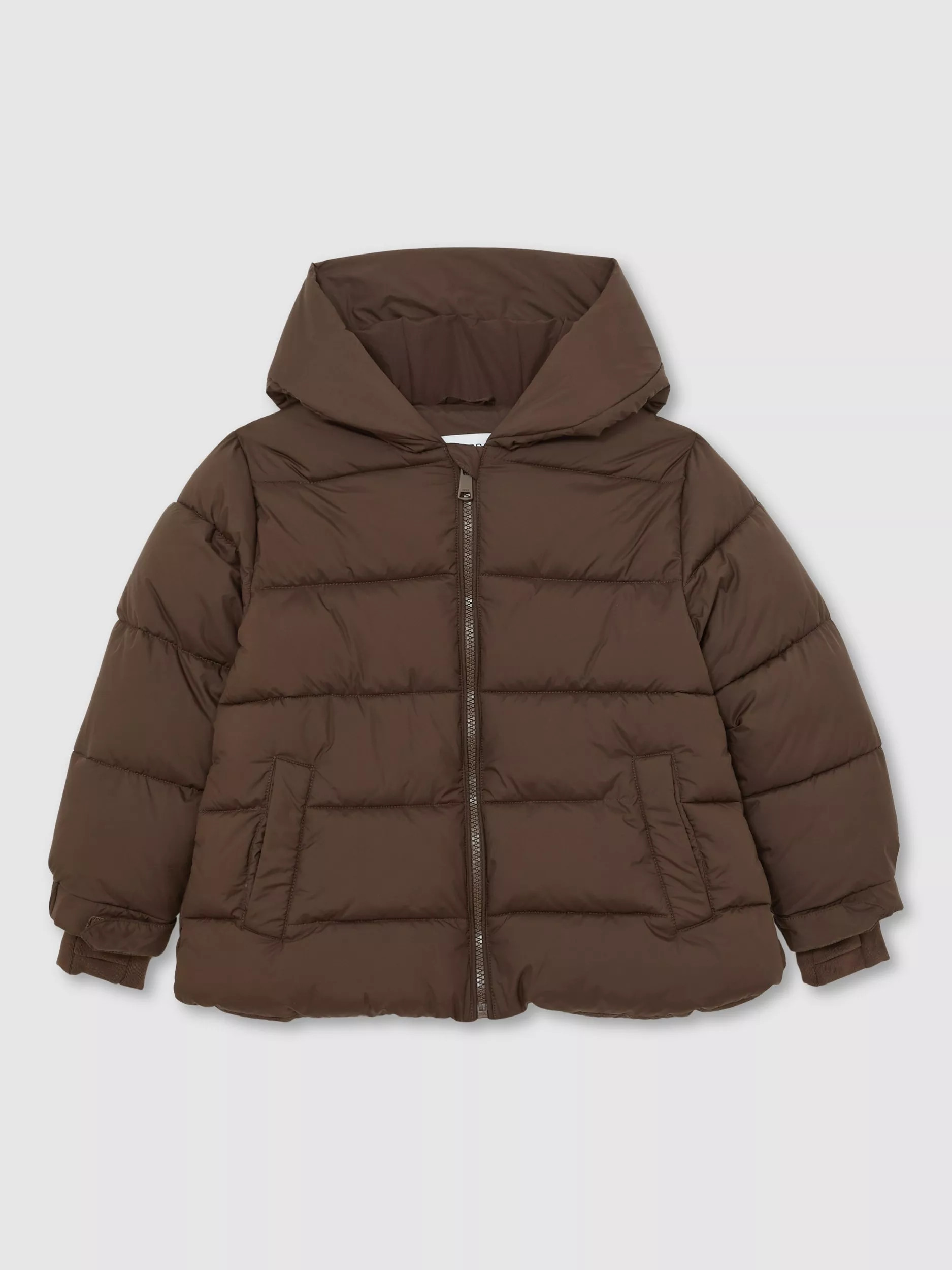 Reiss Kids' Lumi Short Hooded Puffer Coat, Chocolate | John Lewis (UK)