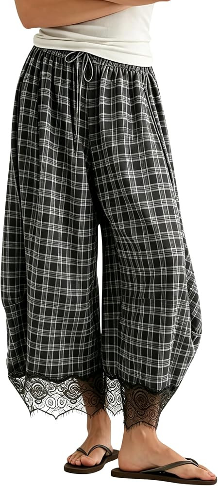 Women Gingham Cropped Lace Hem Pants High Waist Wide Leg Harem Pant | Amazon (US)