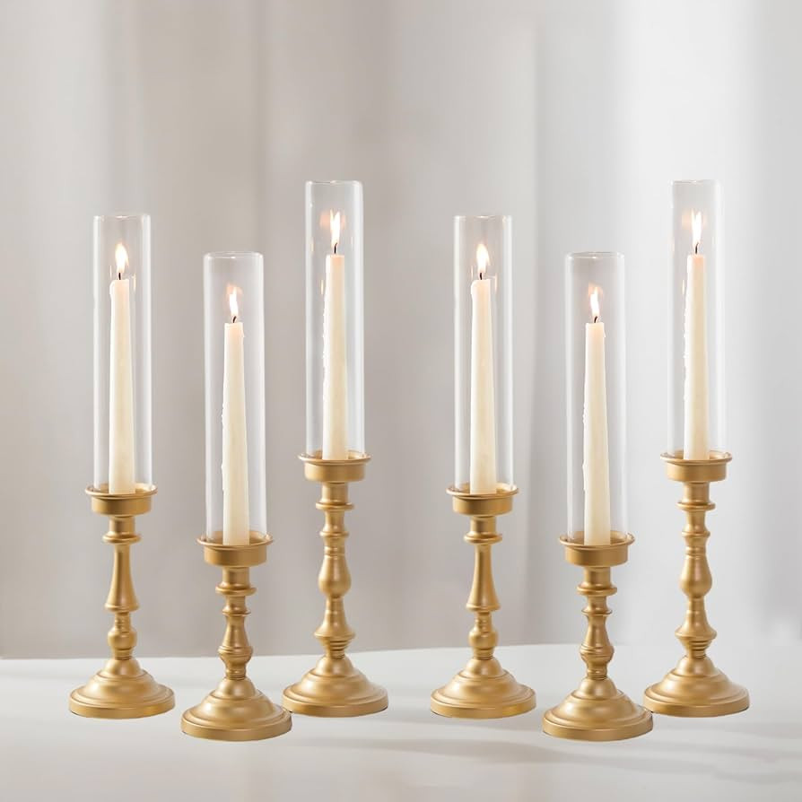 NUPTIO Gold Candlestick Holders Bulk: Set of 6 Tall Hurricane Glass Taper Candleholders - Vintage... | Amazon (US)