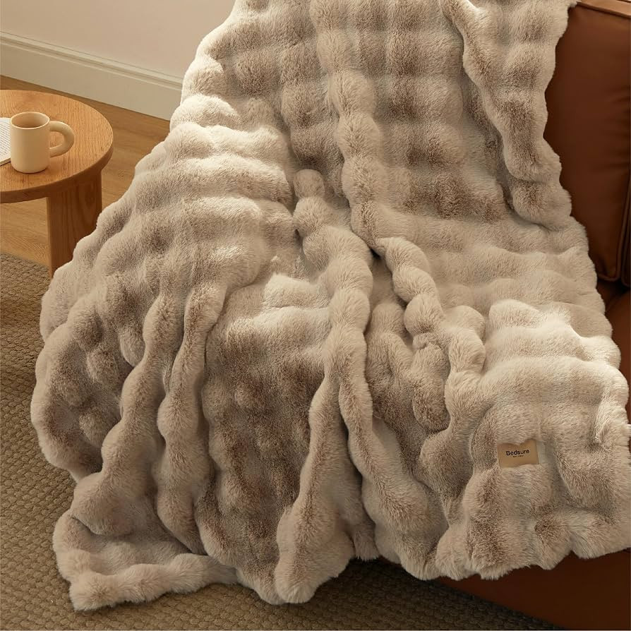 Bedsure Fluffy Bubble Faux Fur Throw XL Blanket, 50"x70", Beige | Amazon (US)