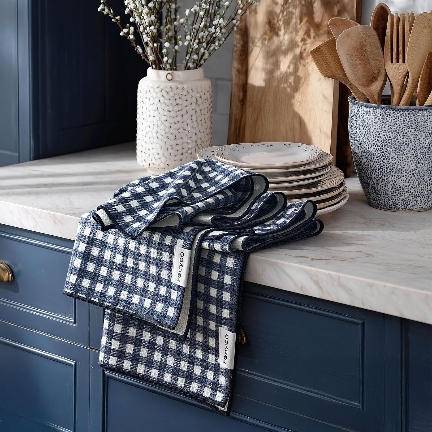 RECYCO Waffle Kitchen Towel Set of 2 - Quick Dry Microfiber Sustainable Dish Towels - Ultra Absorbent Reusable Cleaning Tea Towels - Lightweight Hand Towels,16”x 28”, Navy Blue Plaid | Amazon (US)