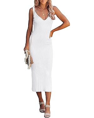 MEROKEETY Womens 2023 Summer V Neck Knit Midi Dress Bodycon Sleeveless Ribbed Sweater Dresses | Amazon (US)