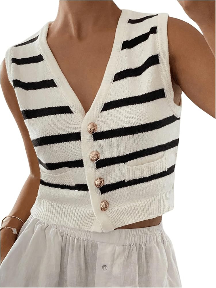 GORGLITTER Women's Striped Button Up Cropped Sweater Vest Sleeveless V Neck Boho Knitted Tank Top... | Amazon (US)