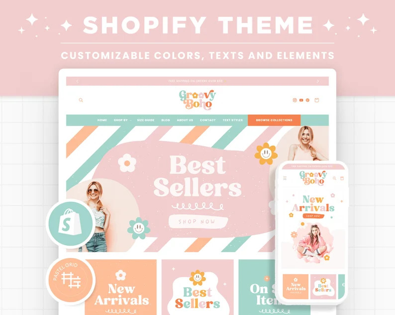 Shopify Theme Boho Pastel Groovy Customizable Color Shopify Template Editable Canva Banners Bouti... | Etsy (US)