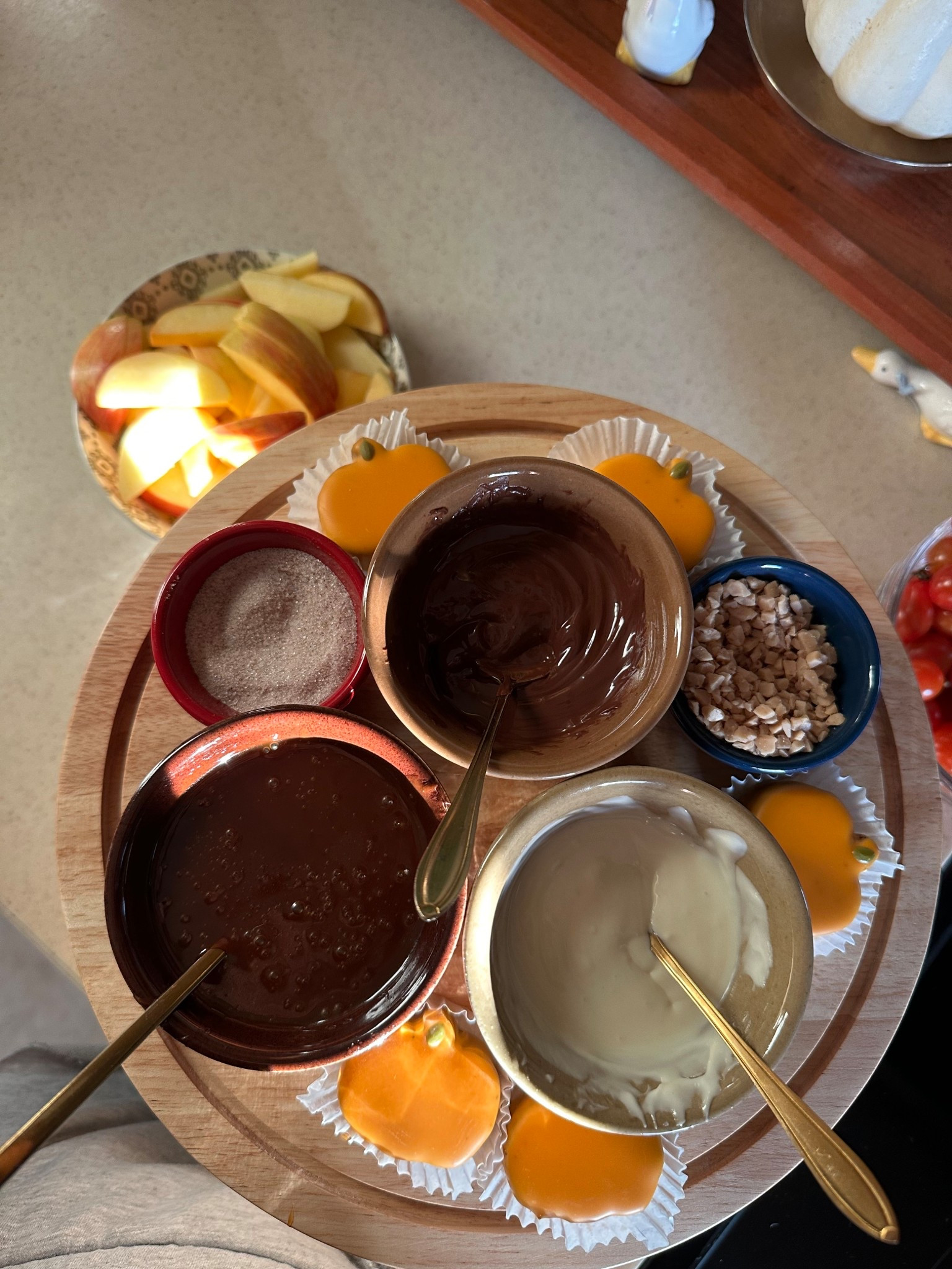 Listen, I know this isn’t my best photography, but I need you to make this caramel apple dip bar. It’s so good.
Melted white chocolate milk, chocolate and caramel with toffee bits and cinnamon sugar
Plus the most amazing chocolate mousse bites from Trader Joe’s  (they look like pumpkins, but they don’t taste like pumpkins 😉) 
The best combo is the white chocolate & caramel with cinnamon sugar 

#LTKHome #LTKParties #LTKSeasonal