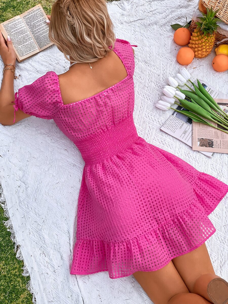 Geo Print Ruched Bust Shirred Ruffle Hem Dress | SHEIN