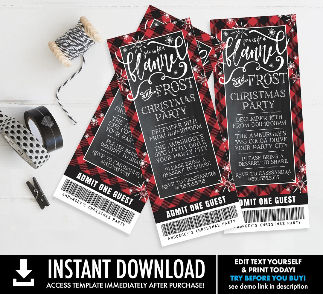 Flannel & Frost Party Ticket Invitation Christmas, Holiday Buffalo Plaid Winter Party Self-edit W... | Etsy (US)