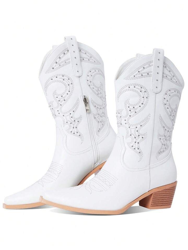 Cowgirl Cowboy Boots For Women Embroidered Cowboy Boots Studded Western Boots Size Zipper | SHEIN