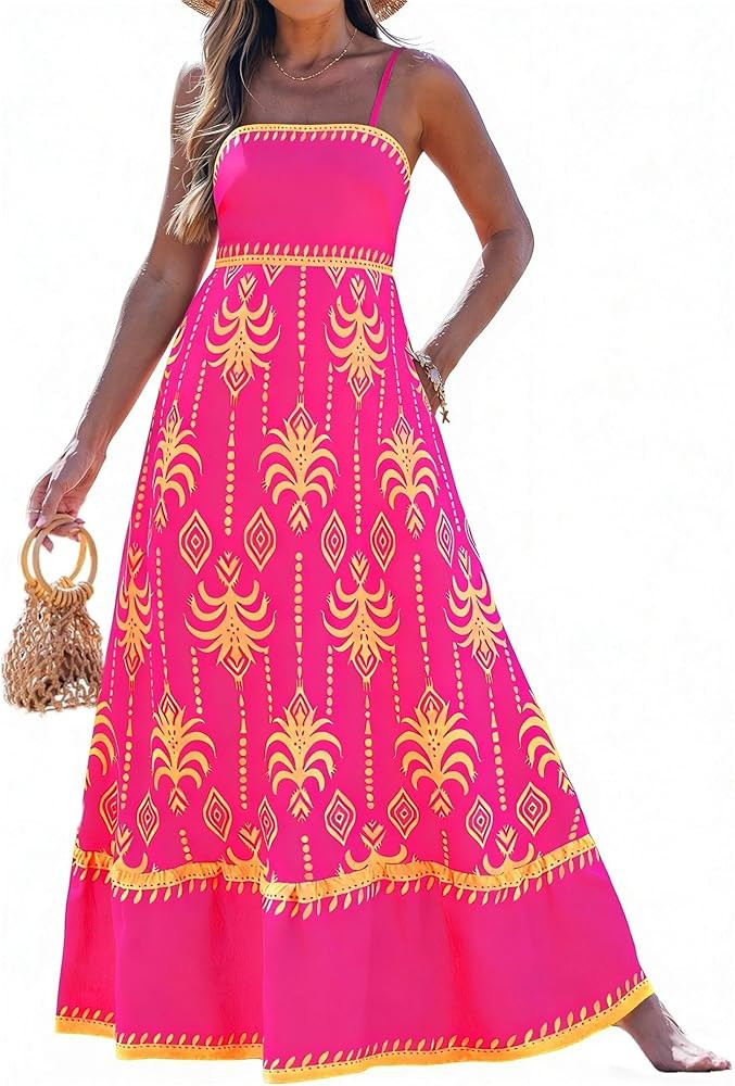 popvil Women Summer Maxi Dress 2026 Spaghetti Strap Long Beach Dress Boho A-Line Flowy Casual Sle... | Amazon (US)