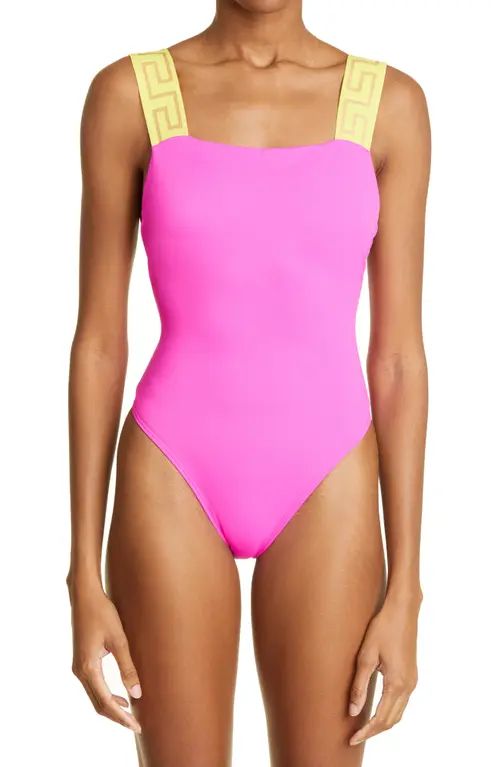 Versace Greca Strap One-Piece Swimsuit in Fuchsia Yellow at Nordstrom, Size 5 | Nordstrom