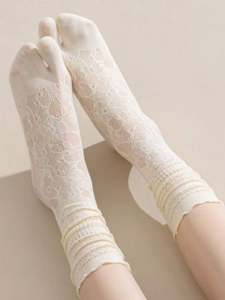 1 Pair Women's Japanese Style Tabi Lace Trim Two Toe Socks, Fall | SHEIN