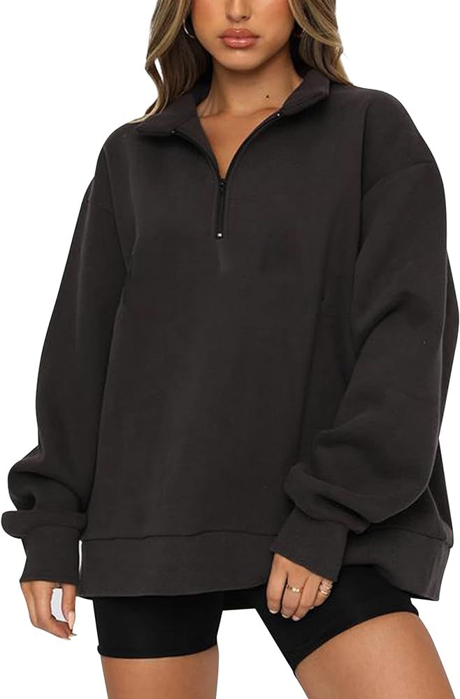 SAFRISIOR Women’s Oversized Half Zip Sweatshirt Drop Shoulder Long Sleeves Collar Quarter 1/4 Z... | Amazon (US)