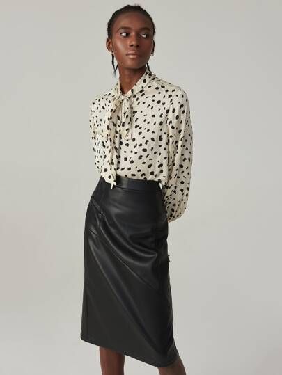 SHEIN PREMIUM Solid PU Leather Paneled Skirt | SHEIN