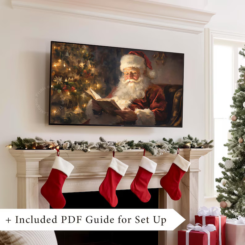 Santa Reading Book Christmas Frame TV Art Christmas Santa Christmas Wall Art Winter Academia Art ... | Etsy (US)